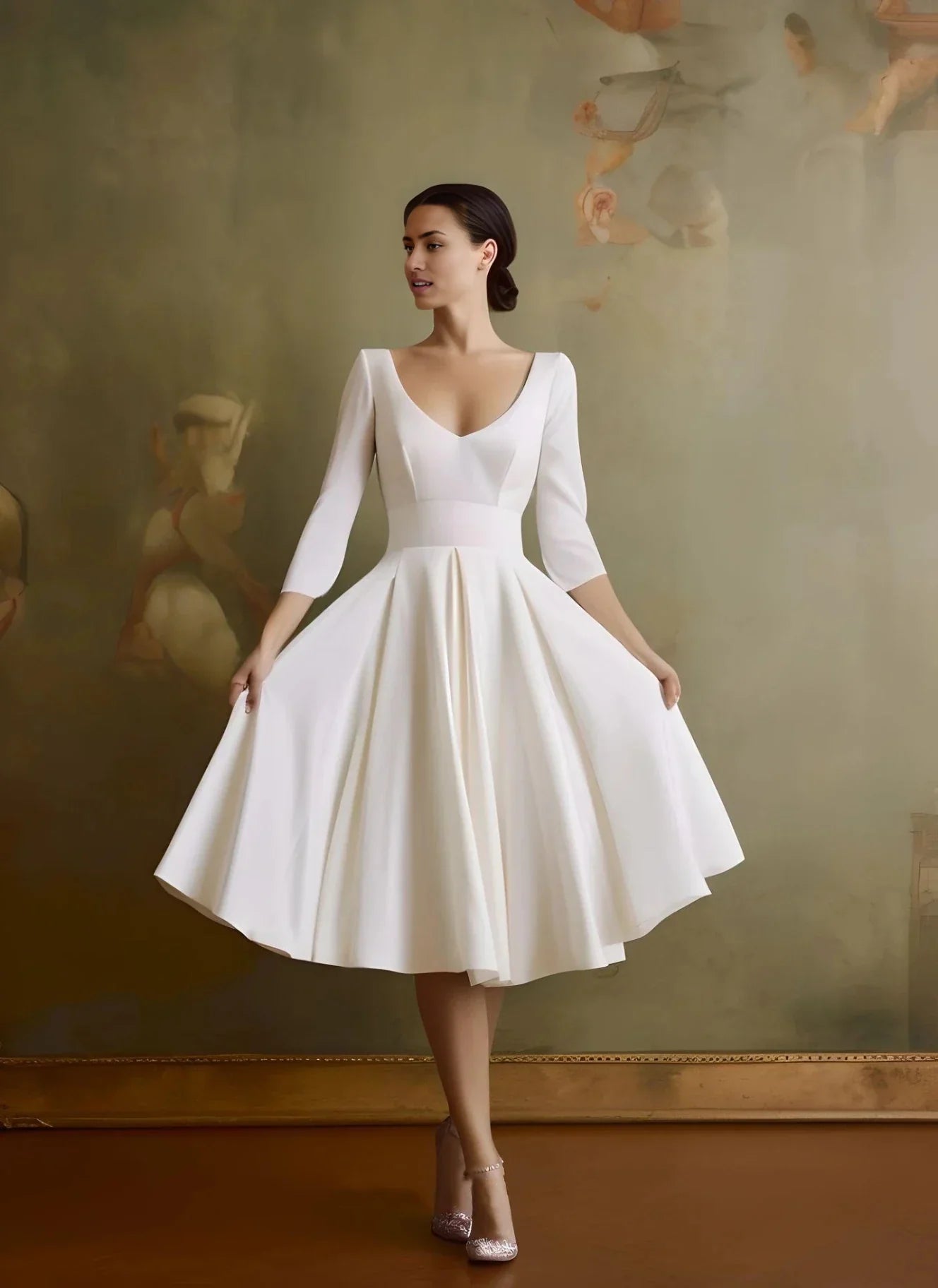 A-Line V-neck Vintage Sleeved Satin Tea Length Wedding Dress